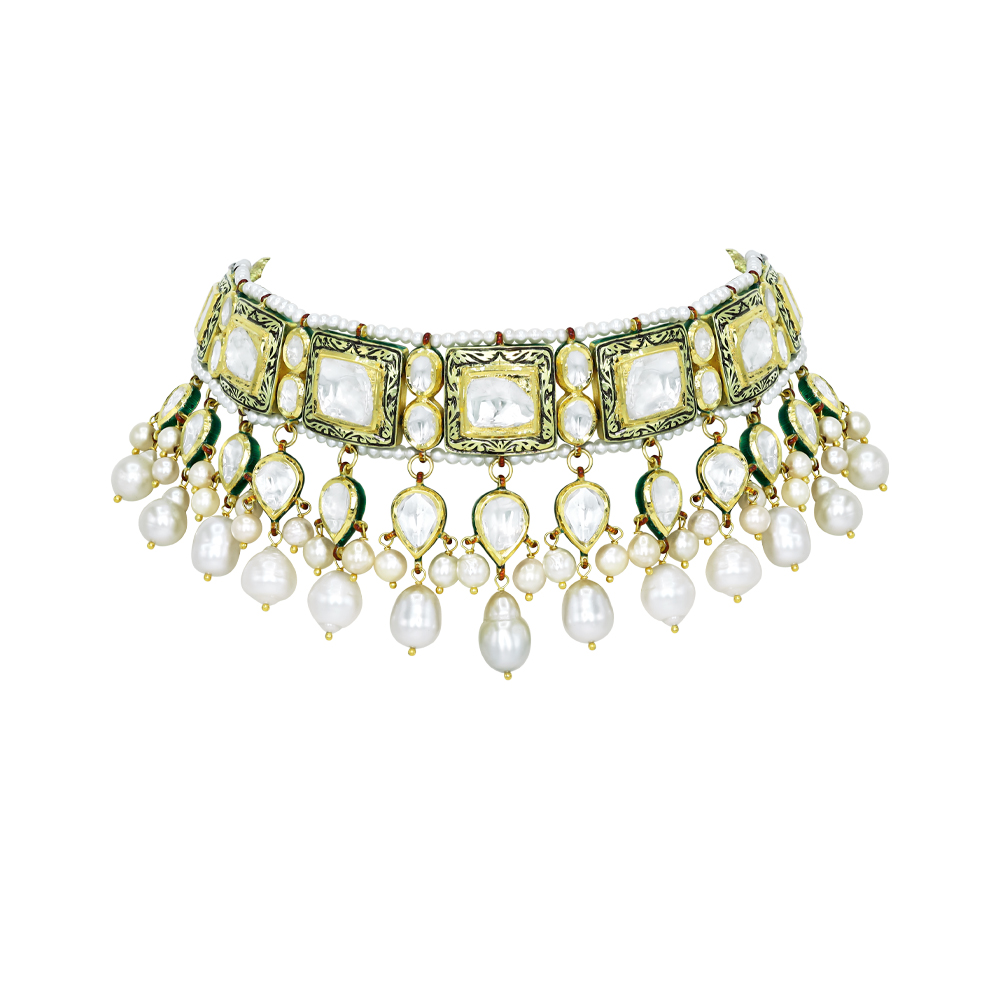 Rectangular Polki Choker with Pearl Fringe and Partash Detailing